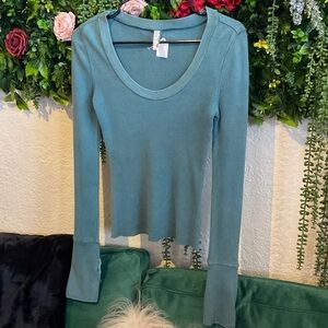 Free People Teal Long Sleeve Scoop Neck Thermal